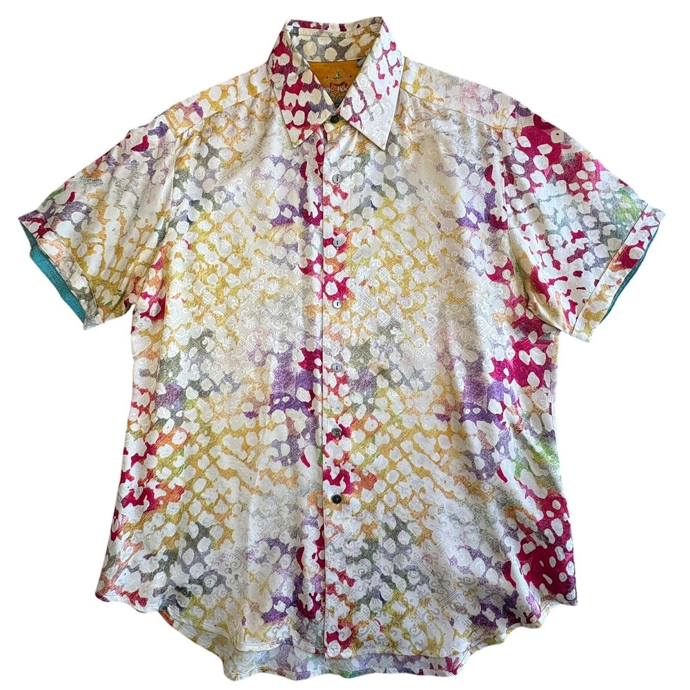 Robert Graham Silk Road Camp Shirt Mens L Multicolor Abstract Short Sleeve